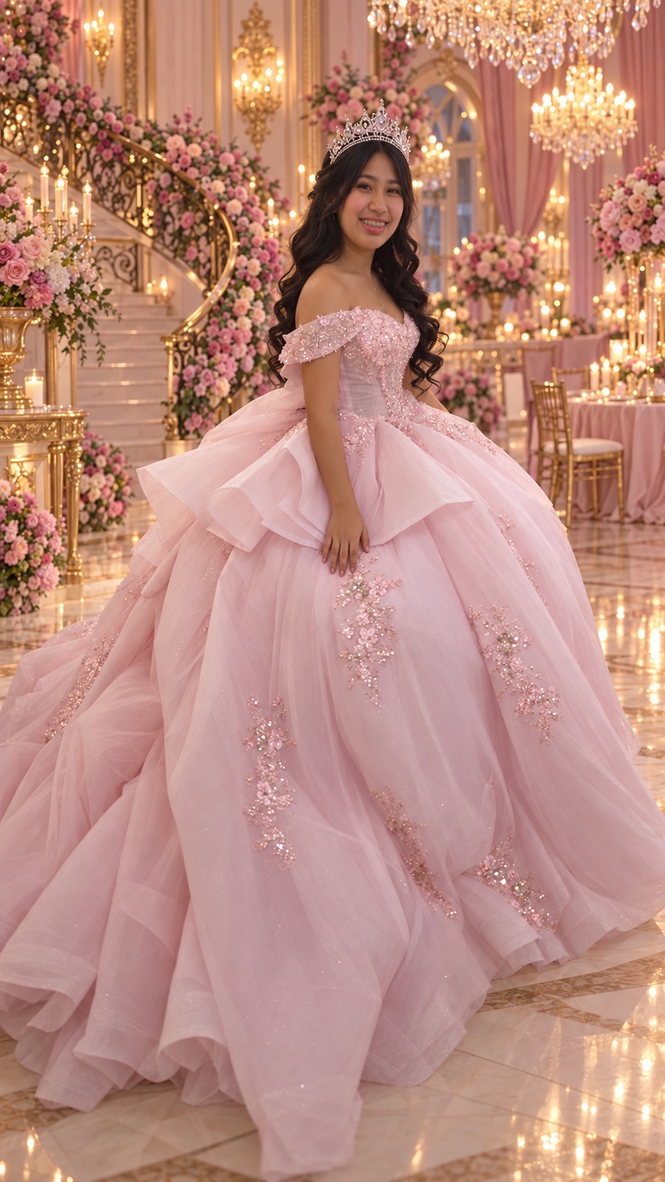 Shoulders-down detail of Yamilet’s pink gown